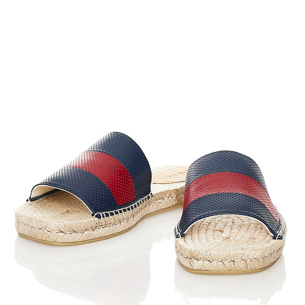 グッチ ウェブ スライド サンダル 624985 ネイビー レッド ベージュ レザー 麻・リネン ラバー メンズ GUCCI 【中古】