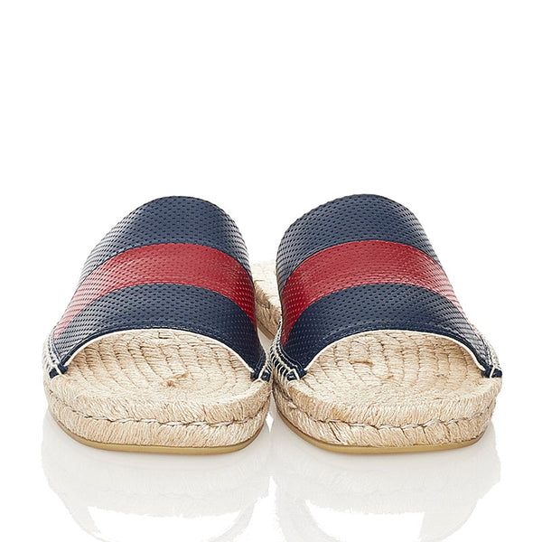 グッチ ウェブ スライド サンダル 624985 ネイビー レッド ベージュ レザー 麻・リネン ラバー メンズ GUCCI 【中古】