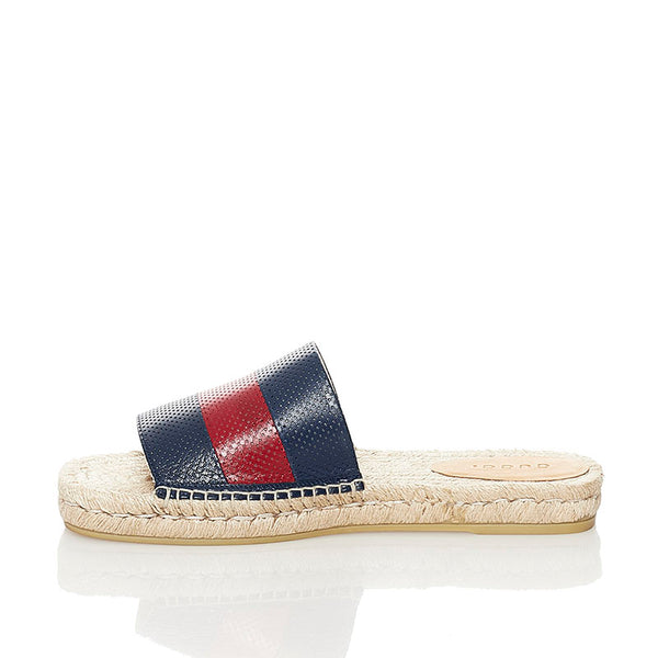 グッチ ウェブ スライド サンダル 624985 ネイビー レッド ベージュ レザー 麻・リネン ラバー メンズ GUCCI 【中古】