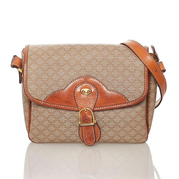 セリーヌ マカダム ショルダーバッグ ベージュ ブラウン PVC レザー レディース CELINE 【中古】