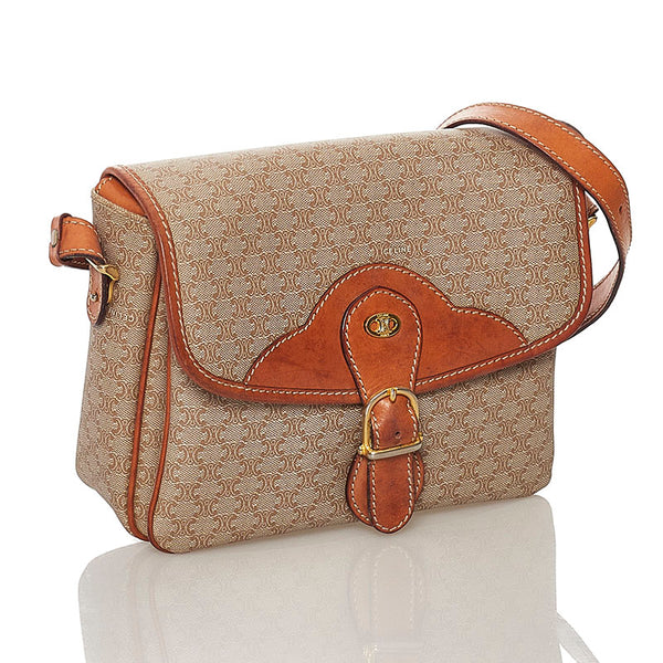 セリーヌ マカダム ショルダーバッグ ベージュ ブラウン PVC レザー レディース CELINE 【中古】