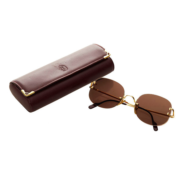 カルティエ ツーポイント リムレス スクエア  サングラス ゴールド ブラウン メッキ メンズ CARTIER 【中古】