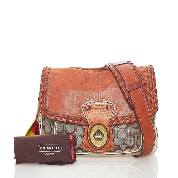 コーチ シグネチャー 斜め掛け ショルダーバッグ 10373 ブラウン ベージュ キャンバス レザー レディース COACH 【中古】