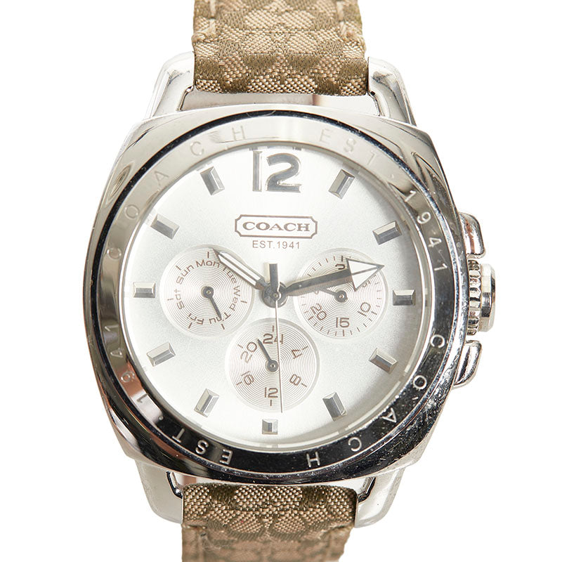 コーチ エプソンムーブ 腕時計 CA.43.3.14.0444 クオーツ シルバー文字盤 ステンレススチール キャンバス レザー メンズ COACH 【中古】