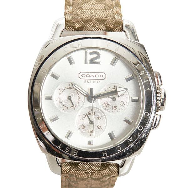 コーチ エプソンムーブ 腕時計 CA.43.3.14.0444 クオーツ シルバー文字盤 ステンレススチール キャンバス レザー メンズ COACH 【中古】