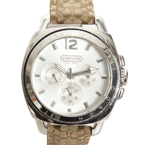 コーチ エプソンムーブ 腕時計 CA.43.3.14.0444 クオーツ シルバー文字盤 ステンレススチール キャンバス レザー メンズ COACH 【中古】