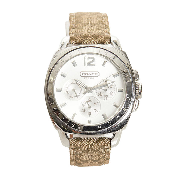 コーチ エプソンムーブ 腕時計 CA.43.3.14.0444 クオーツ シルバー文字盤 ステンレススチール キャンバス レザー メンズ COACH 【中古】