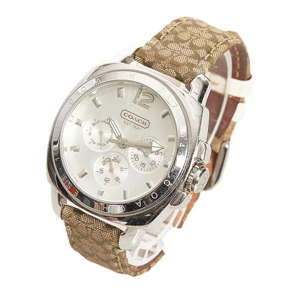 コーチ エプソンムーブ 腕時計 CA.43.3.14.0444 クオーツ シルバー文字盤 ステンレススチール キャンバス レザー メンズ COACH 【中古】