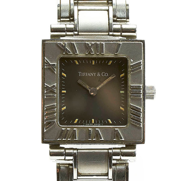 ティファニー アトラス 腕時計 クオーツ ブラック文字盤 ステンレススチール レディース TIFFANY&Co. 【中古】