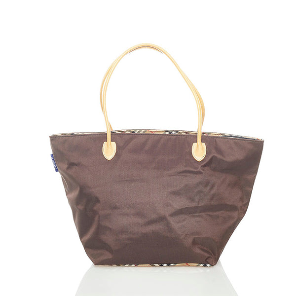 バーバリーブルーレーベル ノバチェック トートバッグ ブラウン ナイロン レザー レディース BURBERRY BLUE LABEL 【中古】