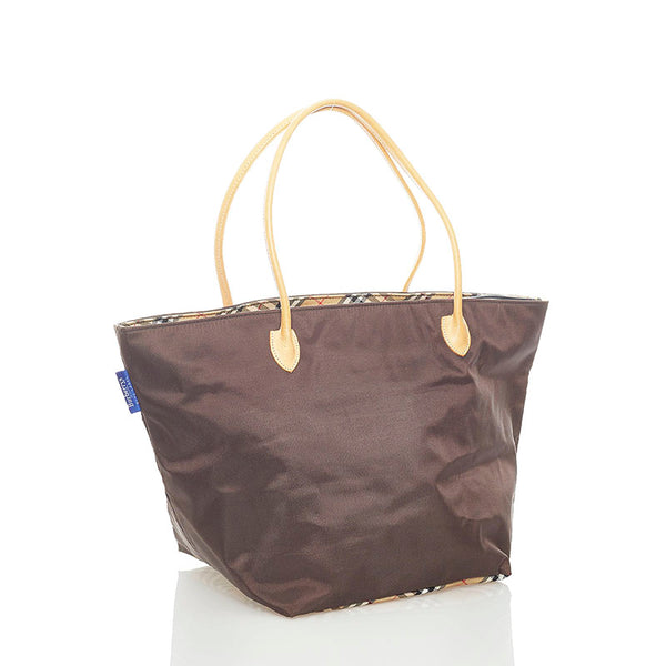 バーバリーブルーレーベル ノバチェック トートバッグ ブラウン ナイロン レザー レディース BURBERRY BLUE LABEL 【中古】