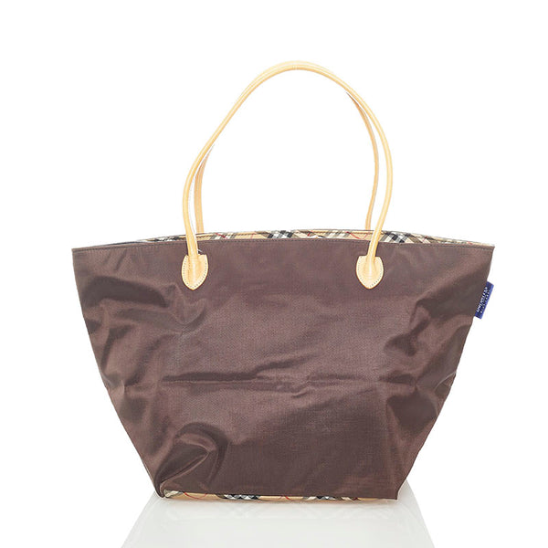 バーバリーブルーレーベル ノバチェック トートバッグ ブラウン ナイロン レザー レディース BURBERRY BLUE LABEL 【中古】