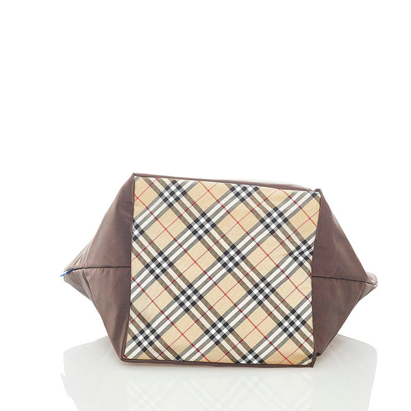 バーバリーブルーレーベル ノバチェック トートバッグ ブラウン ナイロン レザー レディース BURBERRY BLUE LABEL 【中古】