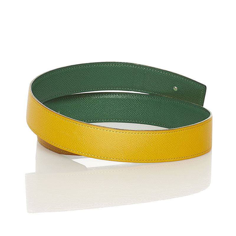 エルメス バックルなし リバーシブル 替え ベルト イエロー グリーン レザー レディース HERMES 【中古】