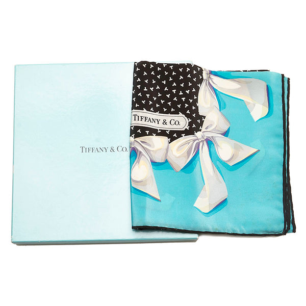 ティファニー リボン スカーフ ブラック ライトブルー シルク レディース TIFFANY&Co. 【中古】