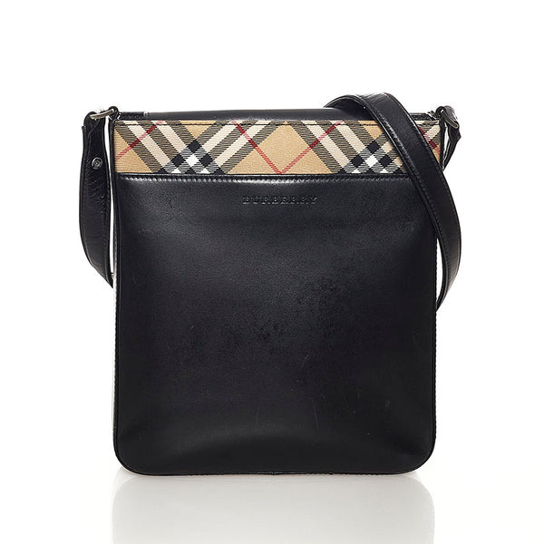 バーバリー ノバチェック 斜め掛け ショルダーバッグ ブラック ベージュ レザー キャンバス レディース BURBERRY 【中古】