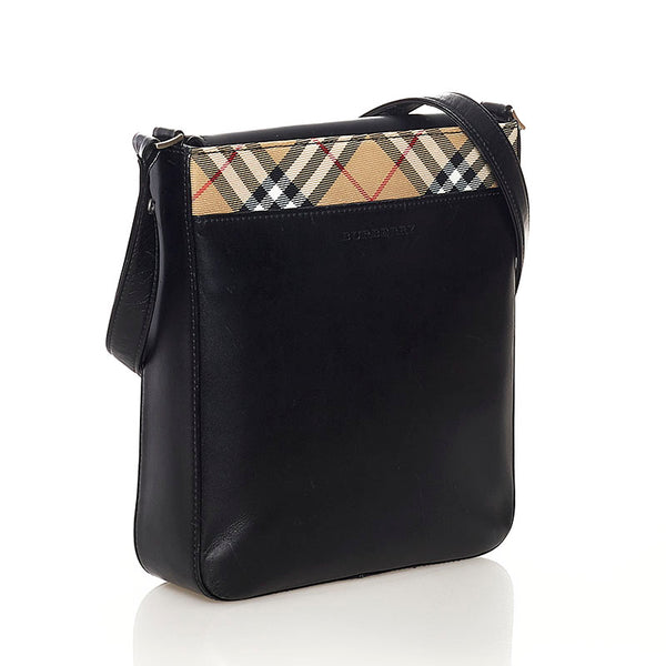 バーバリー ノバチェック 斜め掛け ショルダーバッグ ブラック ベージュ レザー キャンバス レディース BURBERRY 【中古】