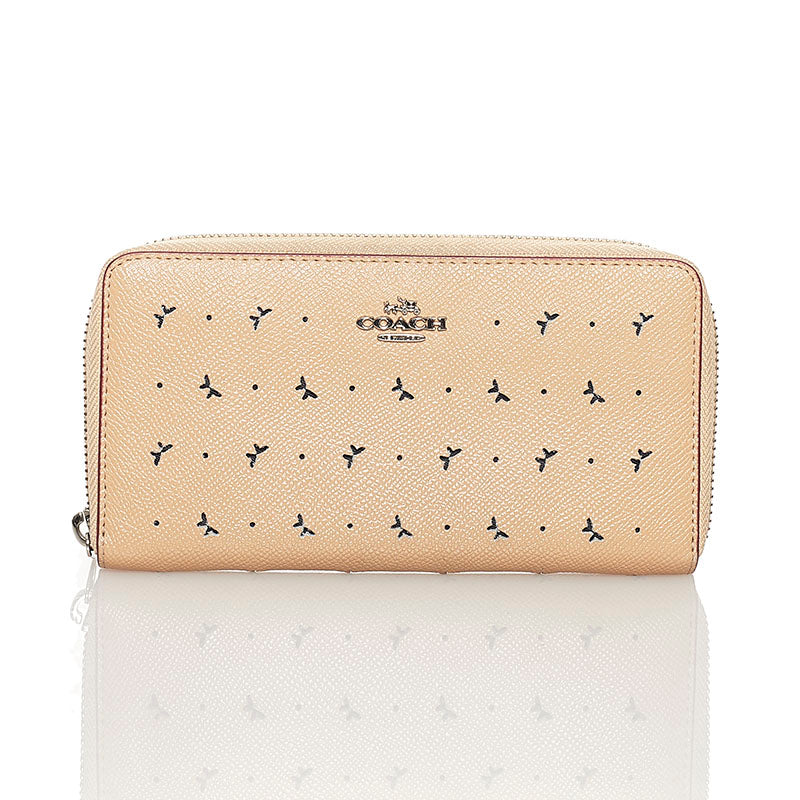 コーチ バタフライ ラウンドファスナー 長財布 ベージュ レザー レディース COACH 【中古】