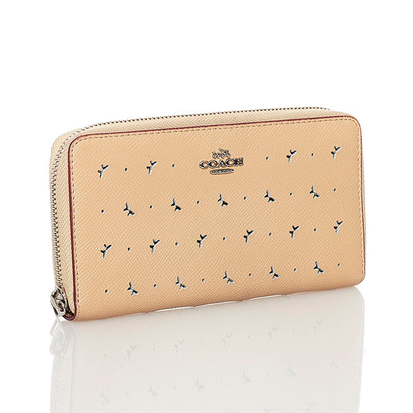 コーチ バタフライ ラウンドファスナー 長財布 ベージュ レザー レディース COACH 【中古】