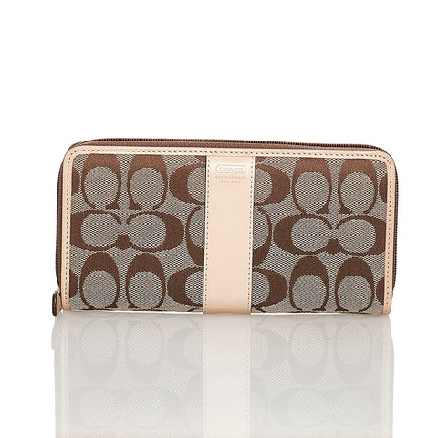 コーチ シグネチャー ラウンドファスナー 長財布 ベージュ ブラウン キャンバス レザー レディース COACH 【中古】