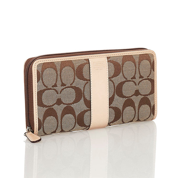 コーチ シグネチャー ラウンドファスナー 長財布 ベージュ ブラウン キャンバス レザー レディース COACH 【中古】