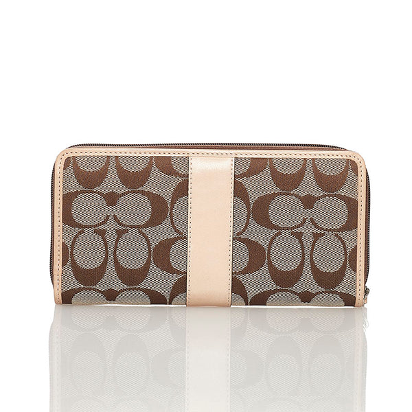 コーチ シグネチャー ラウンドファスナー 長財布 ベージュ ブラウン キャンバス レザー レディース COACH 【中古】