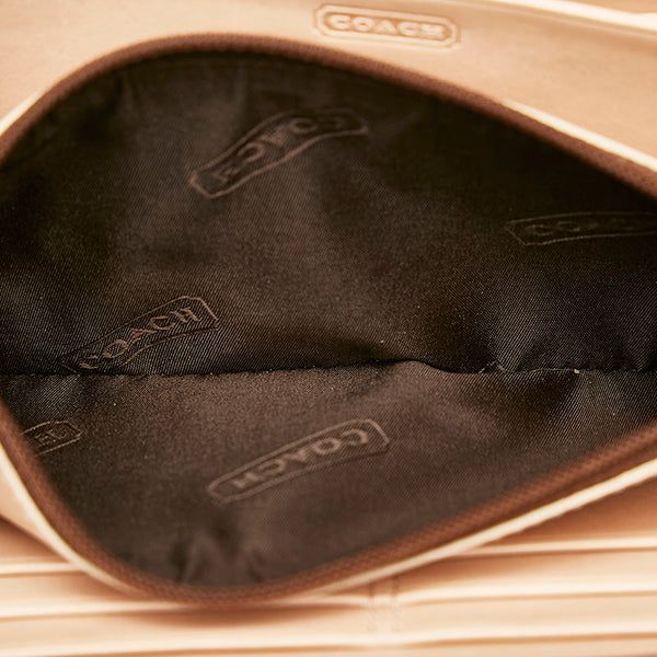 コーチ シグネチャー ラウンドファスナー 長財布 ベージュ ブラウン キャンバス レザー レディース COACH 【中古】