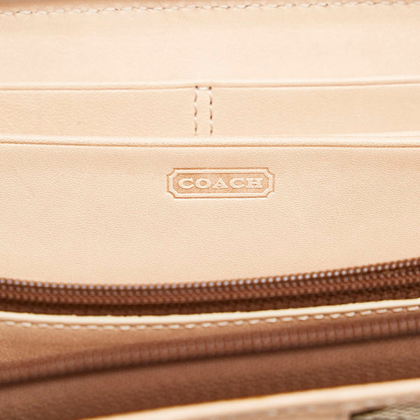 コーチ シグネチャー ラウンドファスナー 長財布 ベージュ ブラウン キャンバス レザー レディース COACH 【中古】
