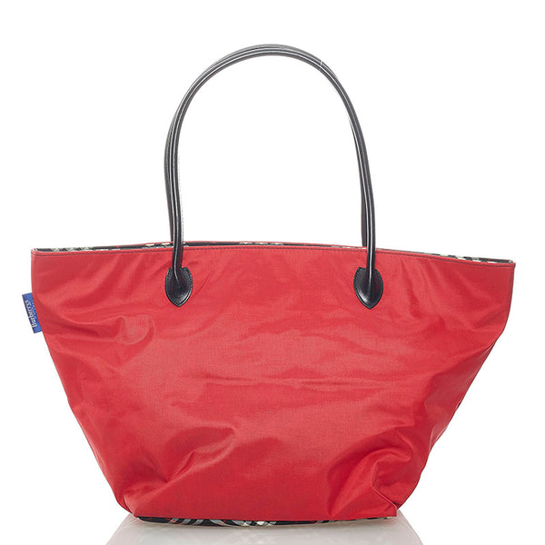 バーバリーブルーレーベル チェック トートバッグ レッド ナイロン レザー レディース BURBERRY BLUE LABEL 【中古】