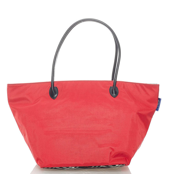 バーバリーブルーレーベル チェック トートバッグ レッド ナイロン レザー レディース BURBERRY BLUE LABEL 【中古】