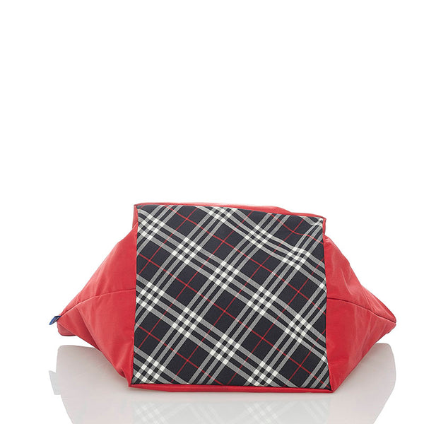 バーバリーブルーレーベル チェック トートバッグ レッド ナイロン レザー レディース BURBERRY BLUE LABEL 【中古】