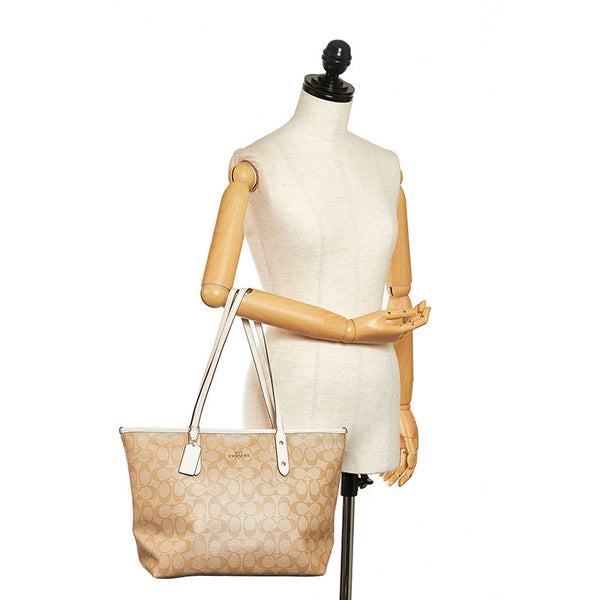 コーチ シグネチャー トートバッグ ショルダーバッグ F58292 ベージュ ホワイト PVC レザー レディース COACH 【中古】