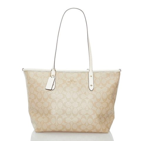 コーチ シグネチャー トートバッグ ショルダーバッグ F58292 ベージュ ホワイト PVC レザー レディース COACH 【中古】