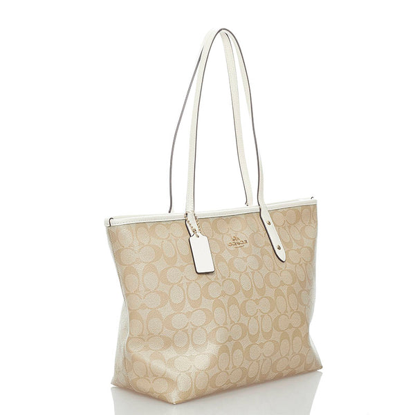 コーチ シグネチャー トートバッグ ショルダーバッグ F58292 ベージュ ホワイト PVC レザー レディース COACH 【中古】