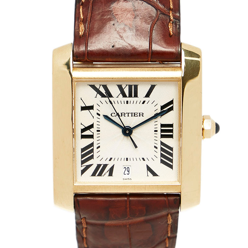 カルティエ タンク フランセーズ LM 腕時計 自動巻き アイボリー文字盤 K18YG イエローゴールド 型押しレザー メンズ CARTIER 【中古】