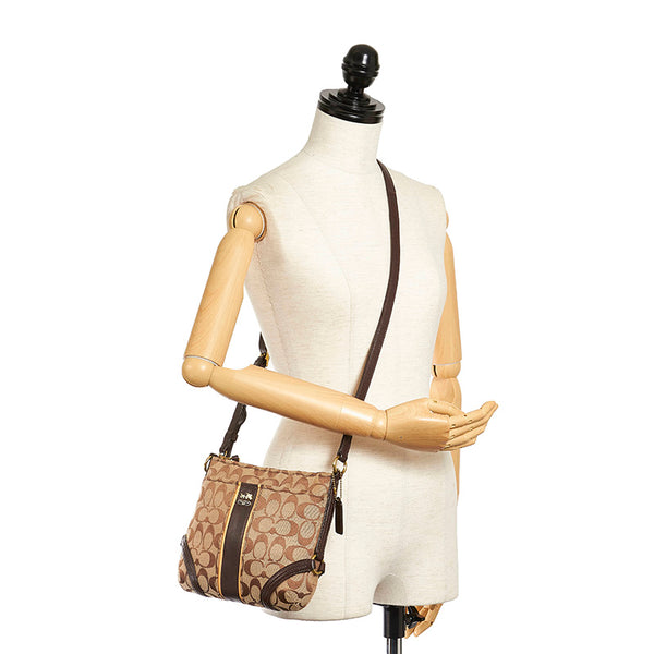 コーチ シグネチャー 斜め掛け ショルダーバッグ ベージュ ブラウン キャンバス レザー レディース COACH 【中古】