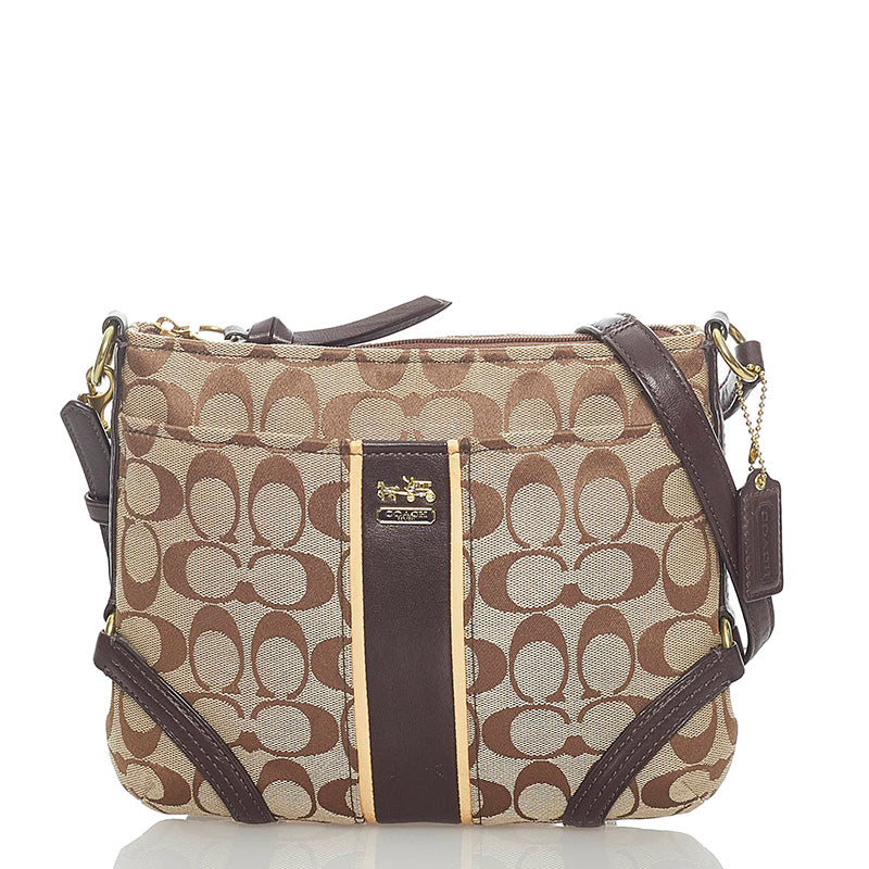 コーチ シグネチャー 斜め掛け ショルダーバッグ ベージュ ブラウン キャンバス レザー レディース COACH 【中古】