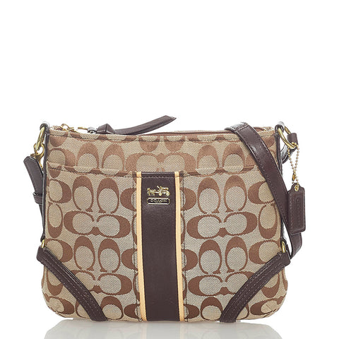 コーチ シグネチャー 斜め掛け ショルダーバッグ ベージュ ブラウン キャンバス レザー レディース COACH 【中古】