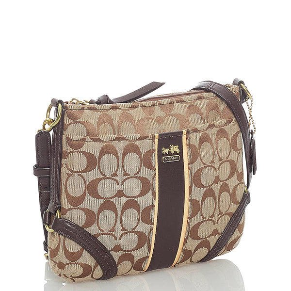 コーチ シグネチャー 斜め掛け ショルダーバッグ ベージュ ブラウン キャンバス レザー レディース COACH 【中古】