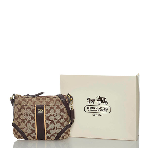 コーチ シグネチャー 斜め掛け ショルダーバッグ ベージュ ブラウン キャンバス レザー レディース COACH 【中古】