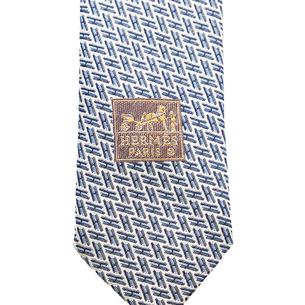 エルメス H柄 総柄 ネクタイ ブルー ホワイト シルク メンズ HERMES 【中古】