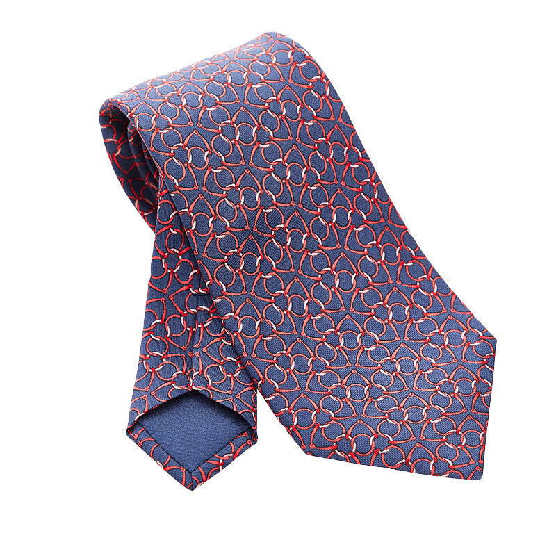 エルメス 総柄 ネクタイ ネイビー レッド シルク メンズ HERMES 【中古】