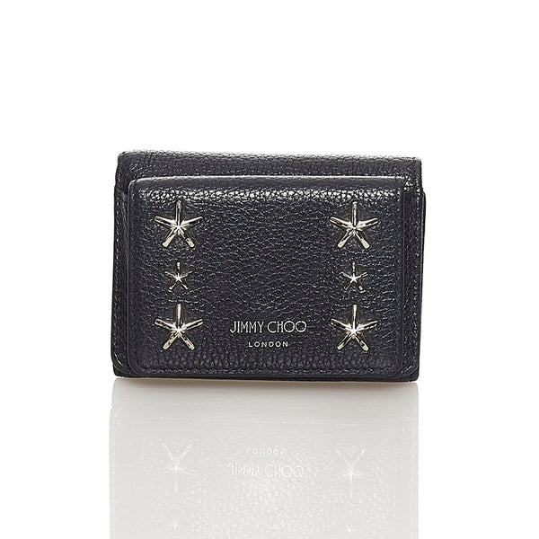 ジミーチュウ スタースタッズ スモールウォレット コンパクトウォレット  三つ折り財布 ブラック カーフ レディース JIMMY CHOO 【中古】