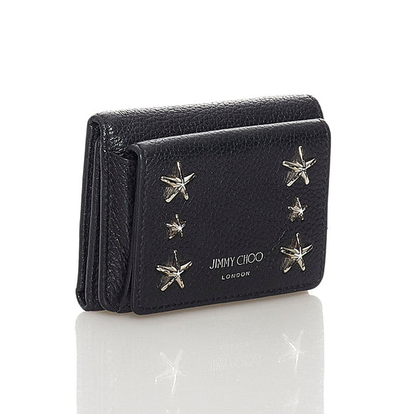ジミーチュウ スタースタッズ スモールウォレット コンパクトウォレット  三つ折り財布 ブラック カーフ レディース JIMMY CHOO 【中古】