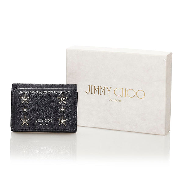 ジミーチュウ スタースタッズ スモールウォレット コンパクトウォレット  三つ折り財布 ブラック カーフ レディース JIMMY CHOO 【中古】