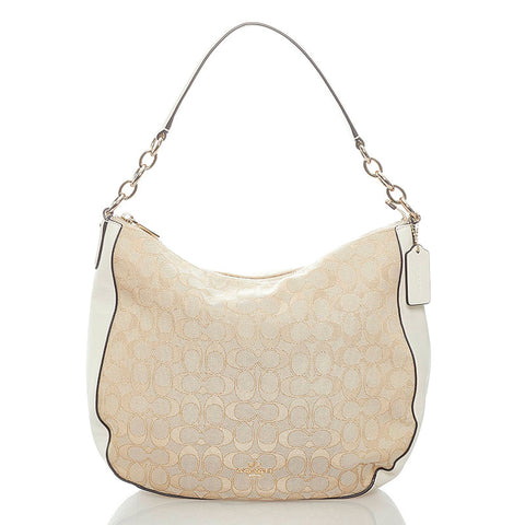 コーチ シグネチャー ワンショルダーバッグ ベージュ ホワイト キャンバス レザー レディース COACH 【中古】