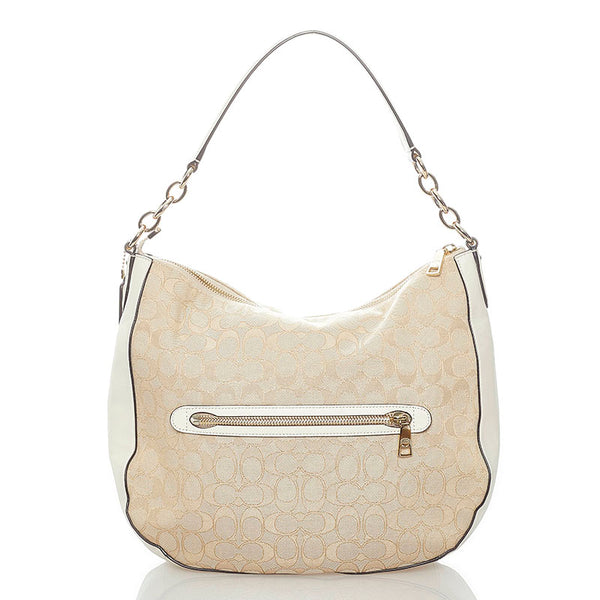 コーチ シグネチャー ワンショルダーバッグ ベージュ ホワイト キャンバス レザー レディース COACH 【中古】