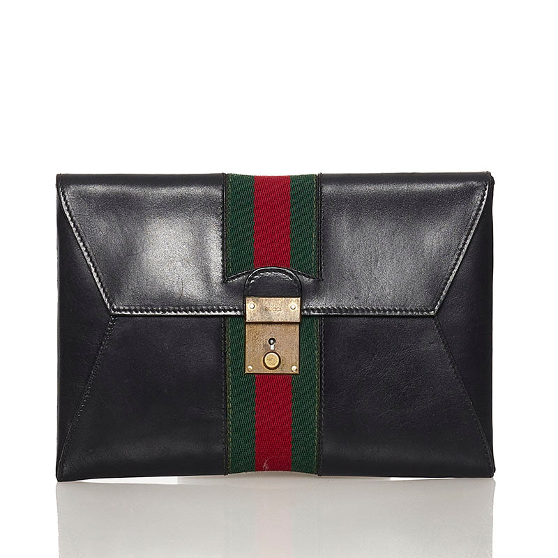 グッチ シェリーライン クラッチバッグ ブラック レザー レディース GUCCI 【中古】