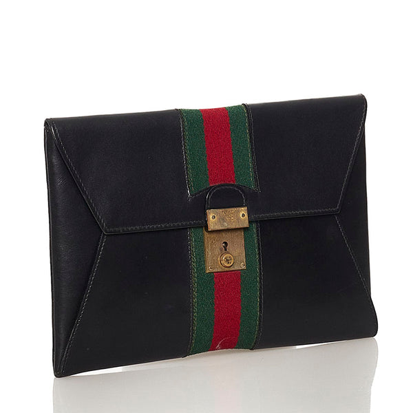 グッチ シェリーライン クラッチバッグ ブラック レザー レディース GUCCI 【中古】