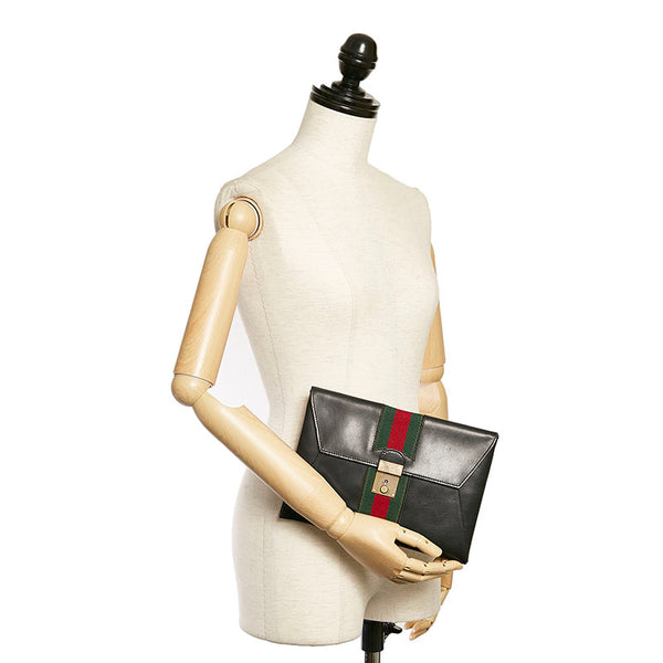 グッチ シェリーライン クラッチバッグ ブラック レザー レディース GUCCI 【中古】